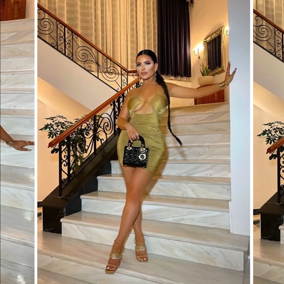 Olive slinky cross strap ruched mini dress - Picture 4 of 8